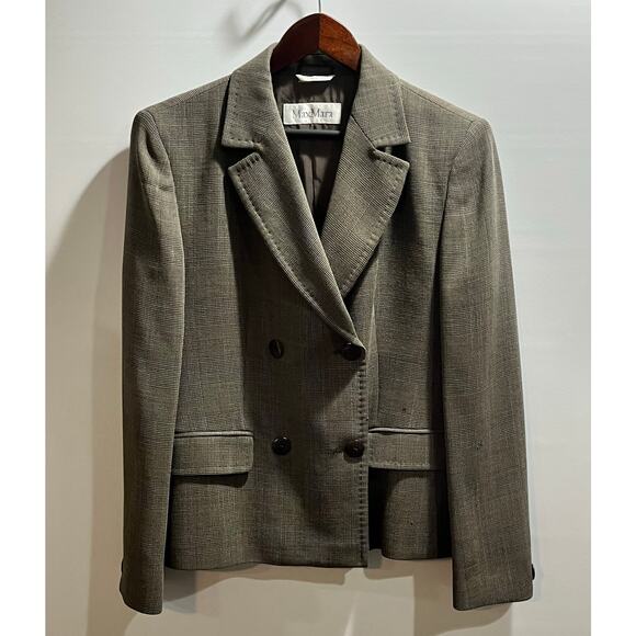 MAX MARA Italy VNTG Tan Brown Plaid Wool Silk Blend Double Breasted Blazer sz 14 - Picture 1 of 11